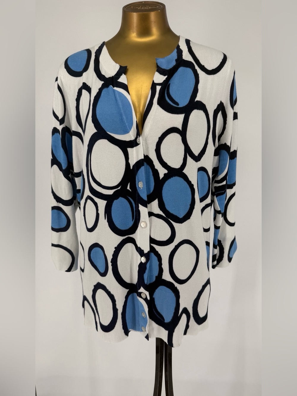 Women’s Cyrus Blue & White Circle Print Button-Up Sweater XXL NWT